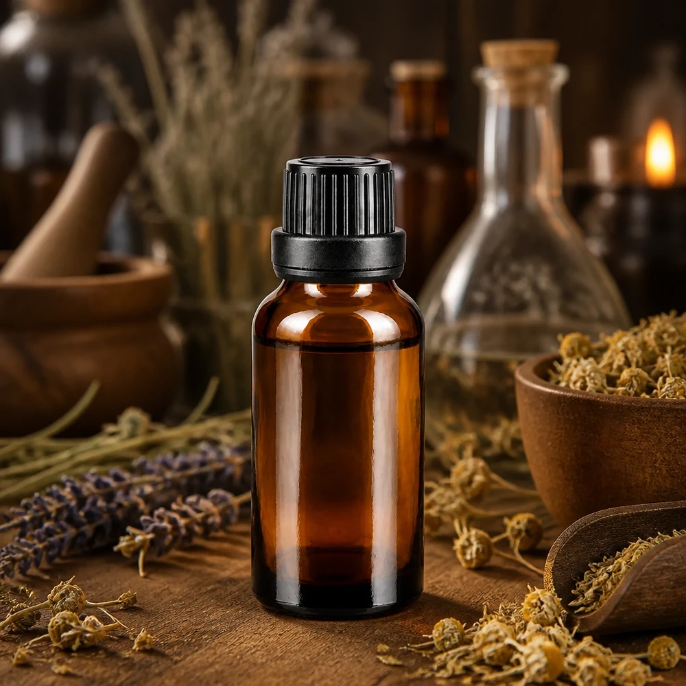 Petite bouteille en verre brun de 20 ml avec son bouchon d'origine noir, entourée d'herbes séchées