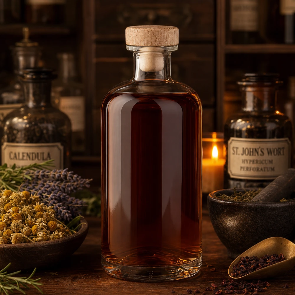 Bottiglia da 500 ml in vetro Flora con tappo in legno tintura marrone tra erbe Calendula St Johnswort Ambiente speziale