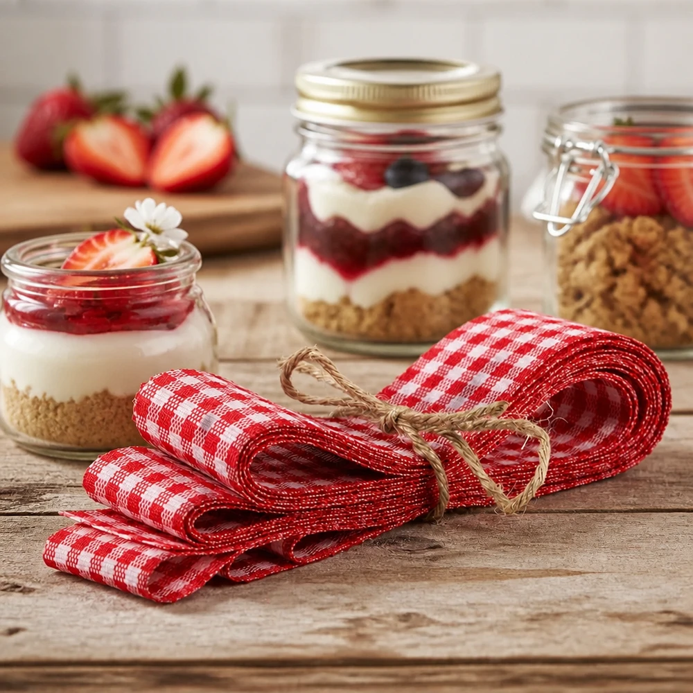 Nastro in tessuto rosso/bianco per decorazioni, 300 cm Nastro in tessuto a quadri bianchi e rossi di 300 cm con fiocco in iuta accanto a dolci fatti in casa in un bicchiere su sfondo in legno