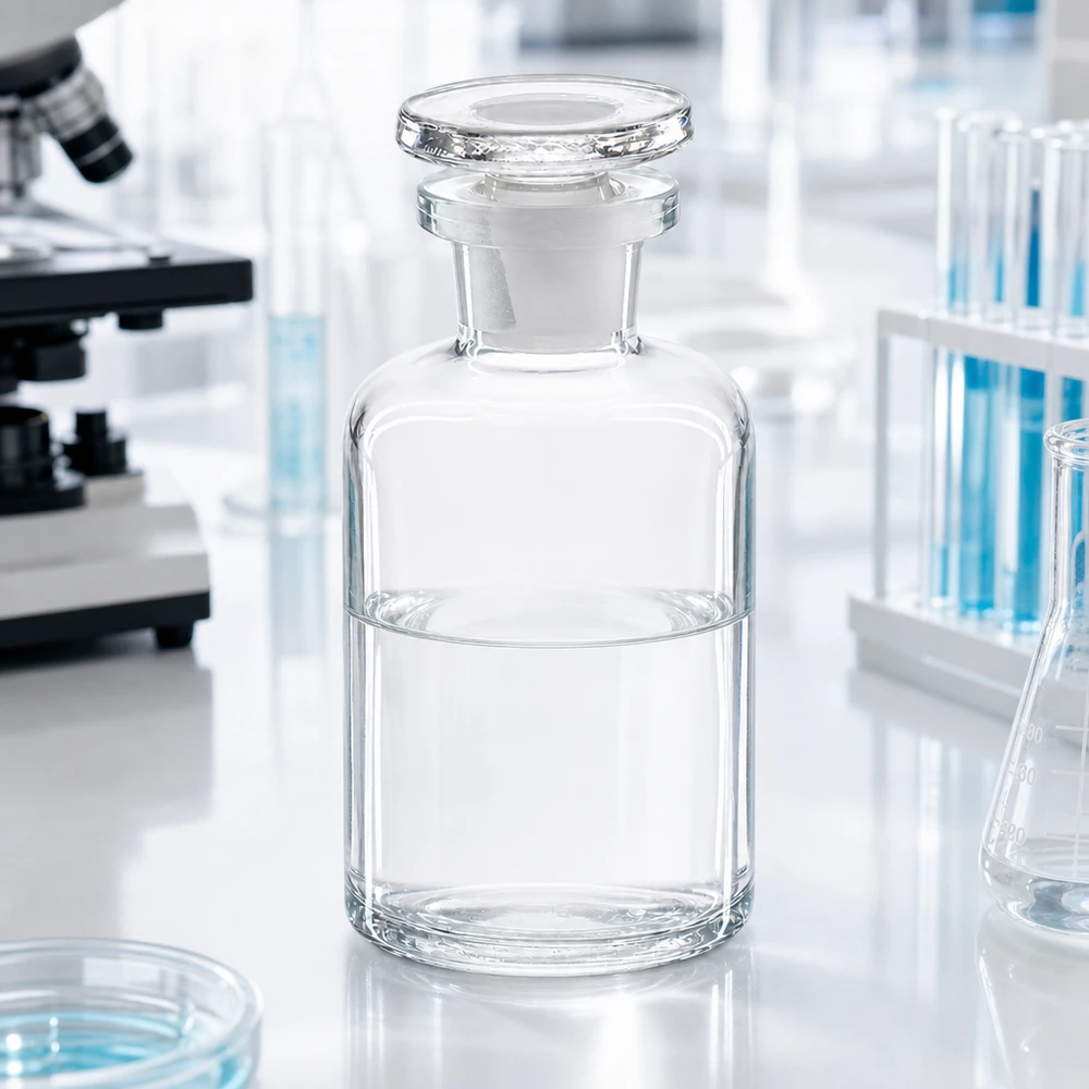 Fiaschetta da laboratorio richiudibile da 50 ml a collo stretto, con tappo in vetro e caratteristica spalla arrotondata