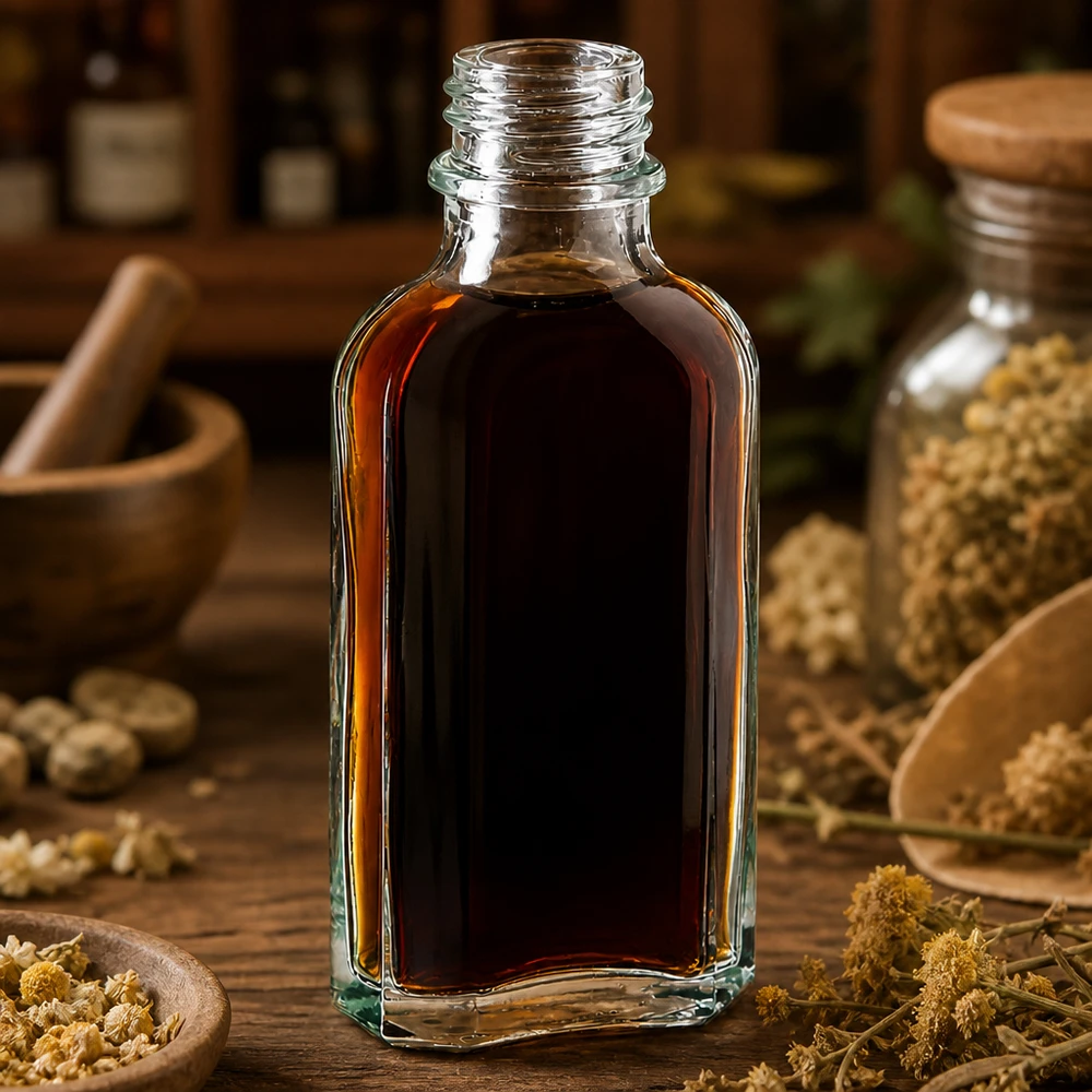 50 ml Meplatflasche klar DIN22 50 ml Meplatflasche aus klarem Glas mit dunkelbraunem Pflanzenextrakt gefüllt