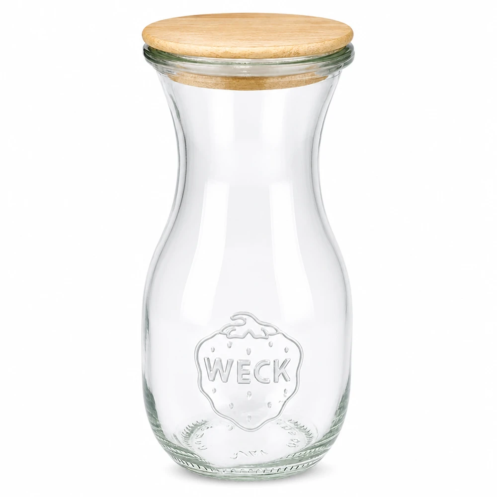 Bottiglia di succo WECK da 290 ml in vetro con coperchio in legno e logo in rilievo su sfondo bianco