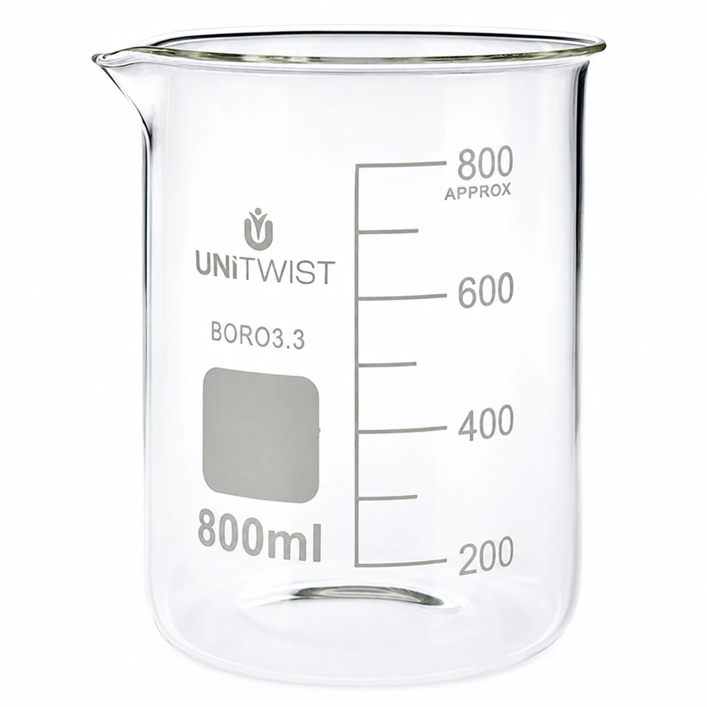 Bicchiere 800ml borosilicato, stampo basso UNiTWIST Bicchiere da laboratorio da 800 ml in borosilicato, forma bassa, con graduazione, di UNiTWIST