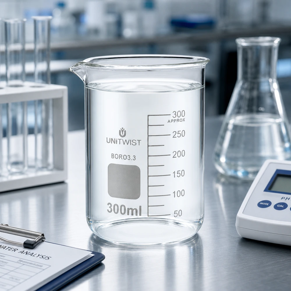 Bicchiere 300ml borosilicato, stampo basso UNiTWIST Bicchiere da laboratorio UNiTWIST da 300 ml in borosilicato, a forma bassa, in un laboratorio professionale su un tavolo in acciaio inossidabile