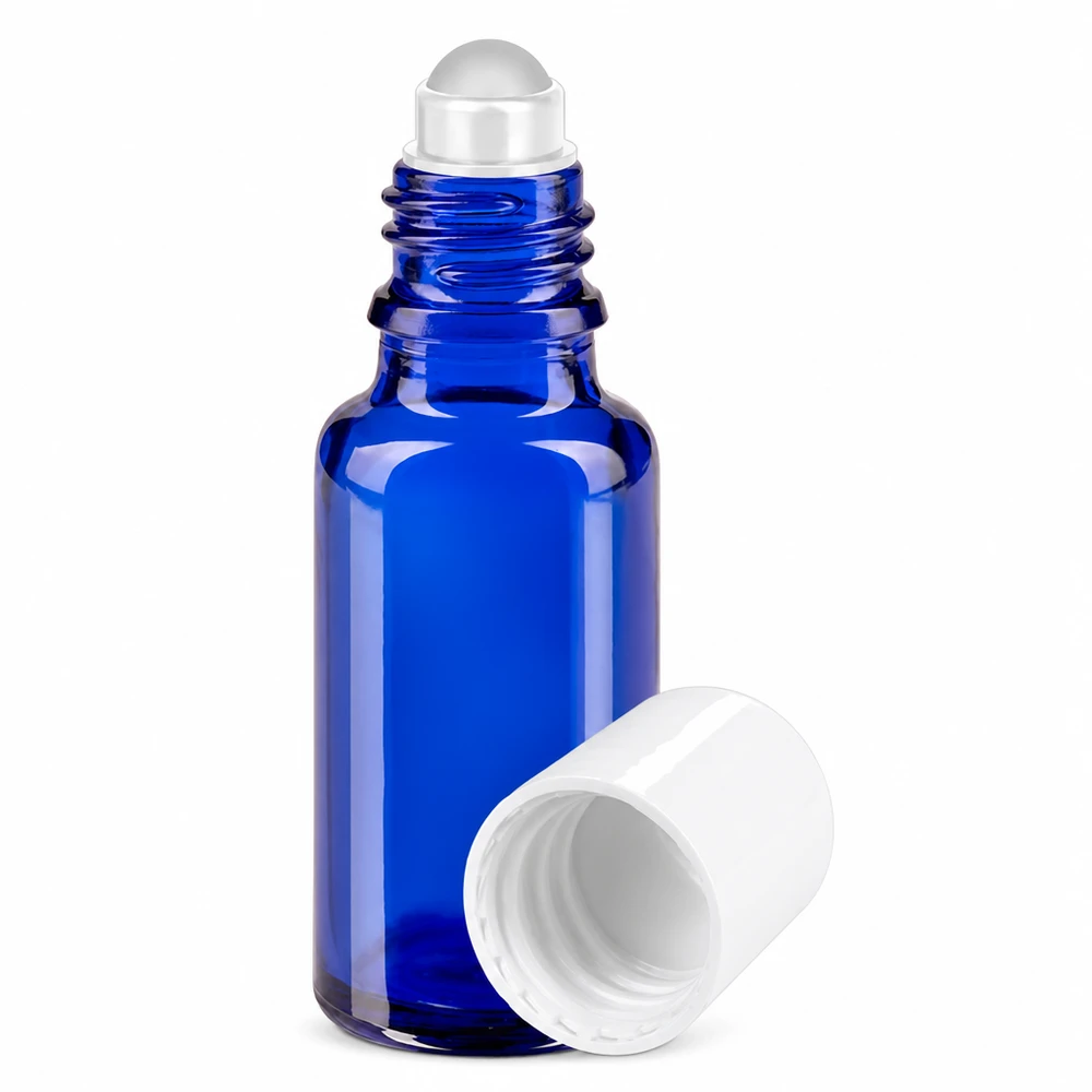 Apothekenflasche blau 20ml Roll-On Verschluss weiß Roll-On Flasche 20ml aus hochwertigem blauem Apothekenglas mit weißem Kunststoffdeckel
