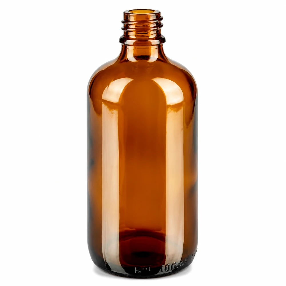 Bottiglia da 100 ml di alta qualità in vetro ambrato con protezione UV e filettatura precisa da 11 mm.