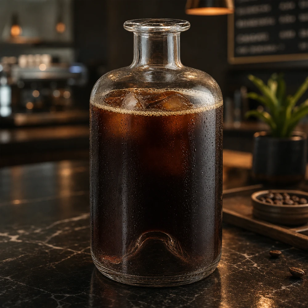 Bottiglia Luna da 500 ml riempita di caffè freddo su un tavolo di marmo in un'atmosfera da caffè moderno.
