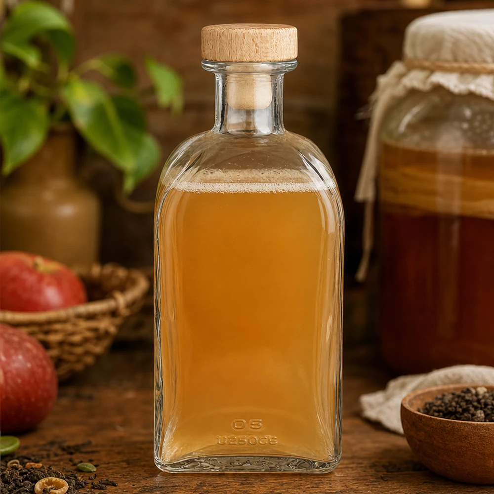 Flacone farmaceutico da 500 ml Julia con tappo in sughero con impugnatura in legno UNiTWIST® Bottiglia di vetro Julia da 500 ml con tappo di legno riempita di succo di mela tra mele e spezie sul bancone della cucina