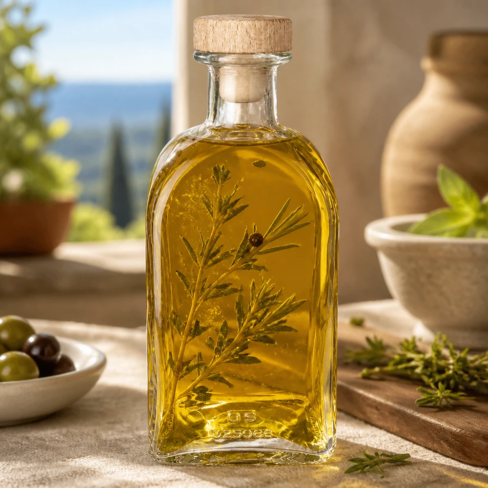 Flacone farmaceutico da 500 ml Julia con tappo in sughero con impugnatura in legno UNiTWIST® 500ml Glasflasche Julia mit Holzkorken gefüllt mit Kräuteröl mediterranes Ambiente Olivenöl Gewürzöl Dekoration