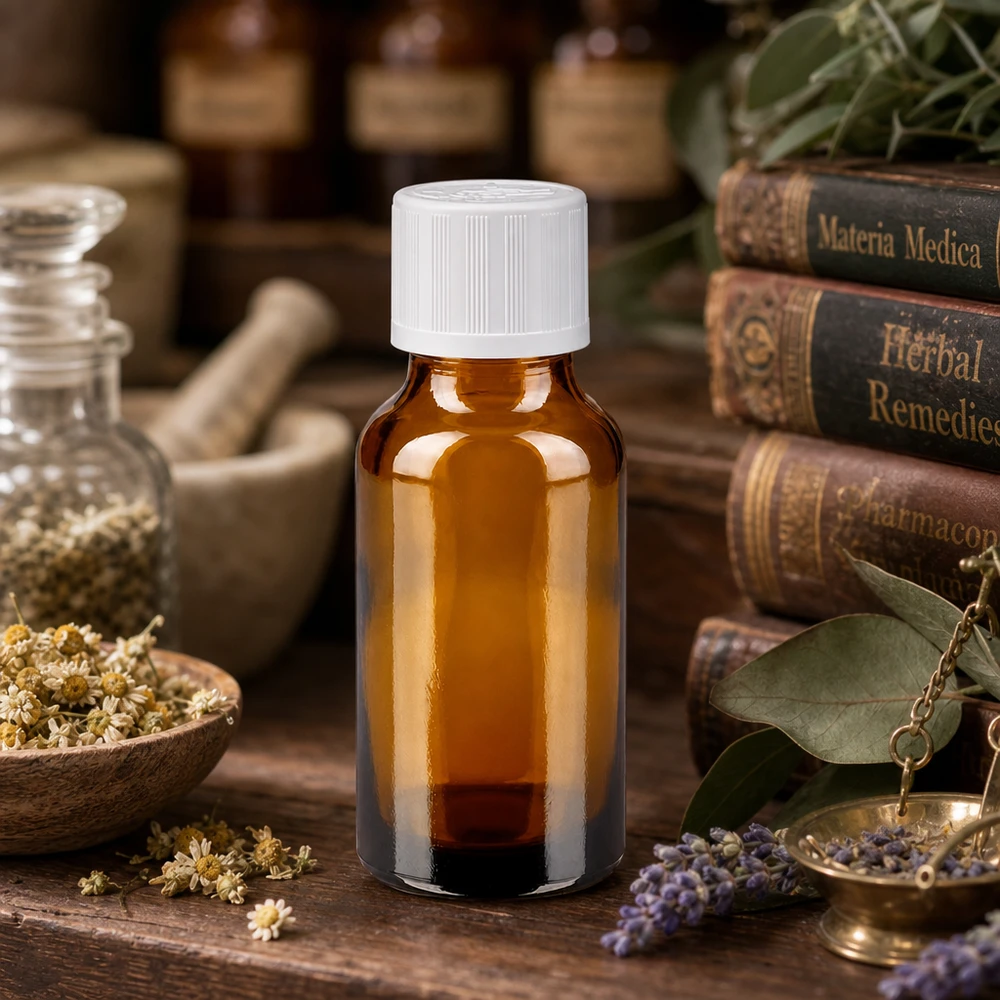 Apothekenflasche braun 20ml Schraubverschluss weiß Kindersicherung Standard Kompakte 20ml Braunglas-Apothekerflasche mit 11mm Kindersicherheitsverschluss weiß für Kräuterextrakte