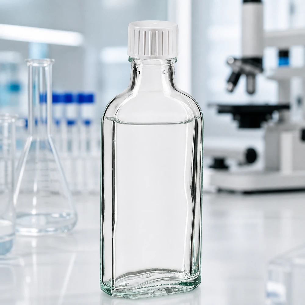 100 ml Meplat klar Schraubverschluss mit Giessring Flache quadratische 100ml Glasflasche klar mit Schraubverschluss und Gießring