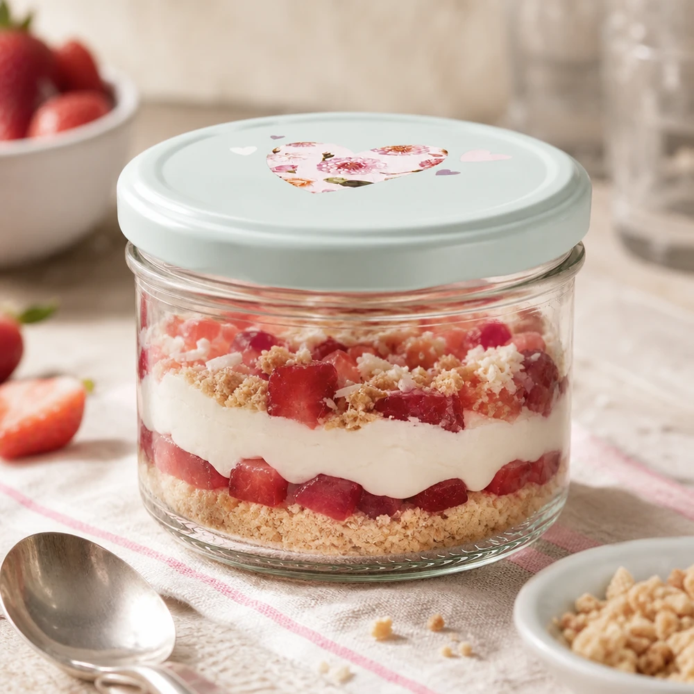 230ml Zylinderglas + BasicSeal Deckel Herz mint 230ml Zylinderglas mit BasicSeal Deckel Herz mint für Schichtdessert mit Erdbeeren Sahne und Streuseln als Nachtisch