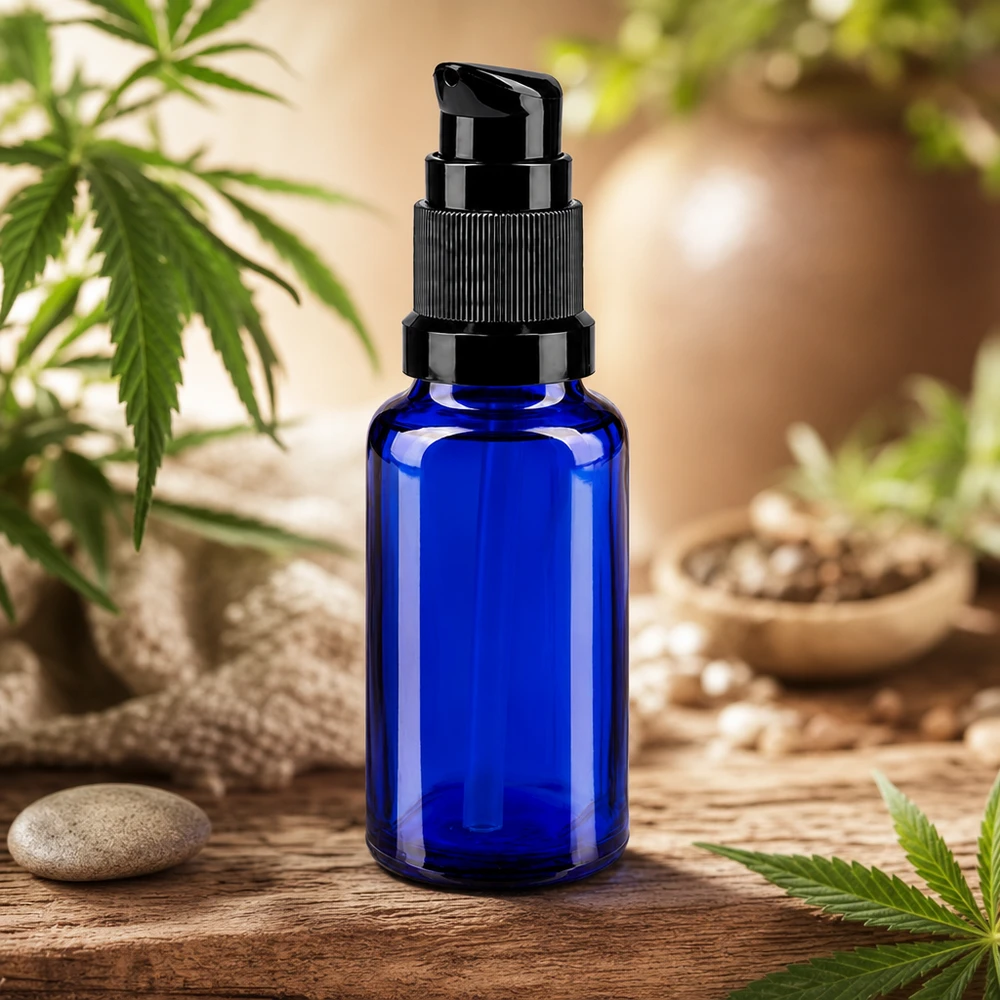 Blaue ApoGlas Pumpflasche 20ml in natürlicher Umgebung mit Hanfblättern und Samen