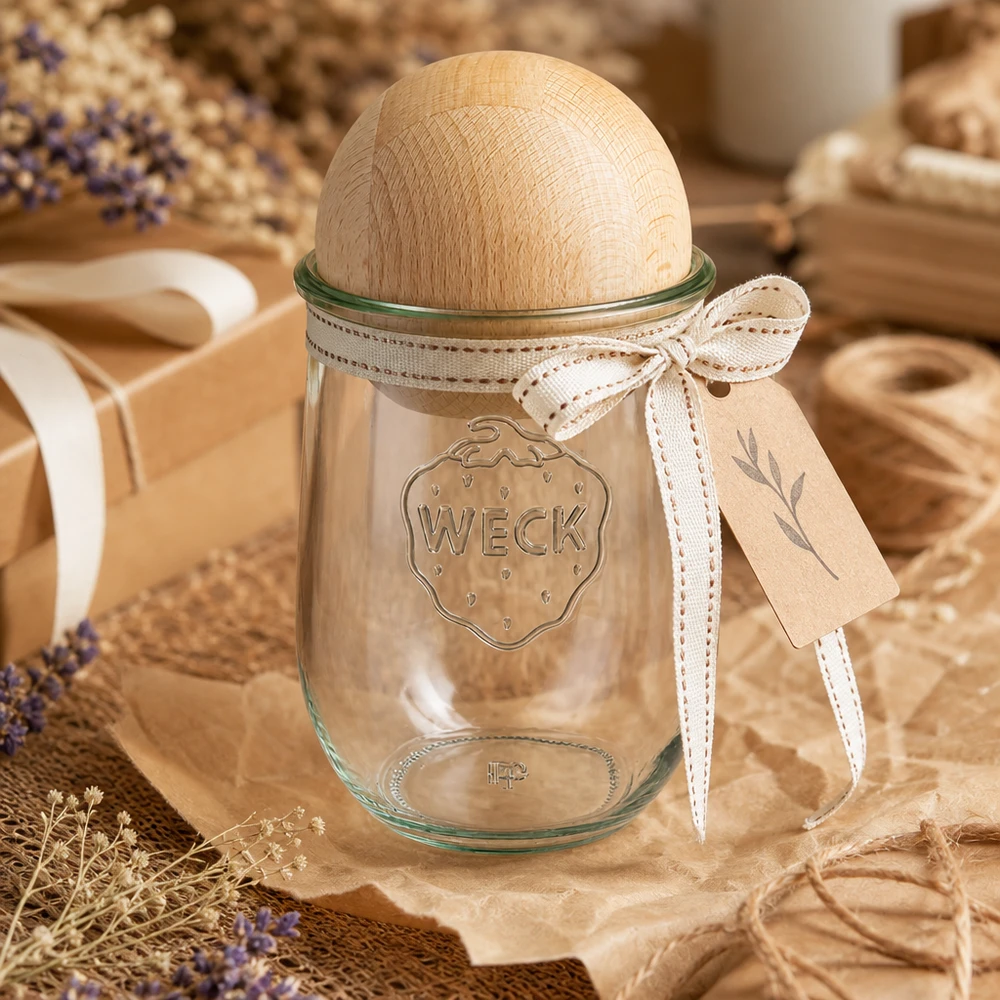 Vaso per tulipani WECK RR100 da 1062 ml con sfera in legno di faggio Barattolo WECK RR100 1062ml con coperchio a sfera in faggio con decorazione naturale della casa di campagna con lavanda e nastro in legno