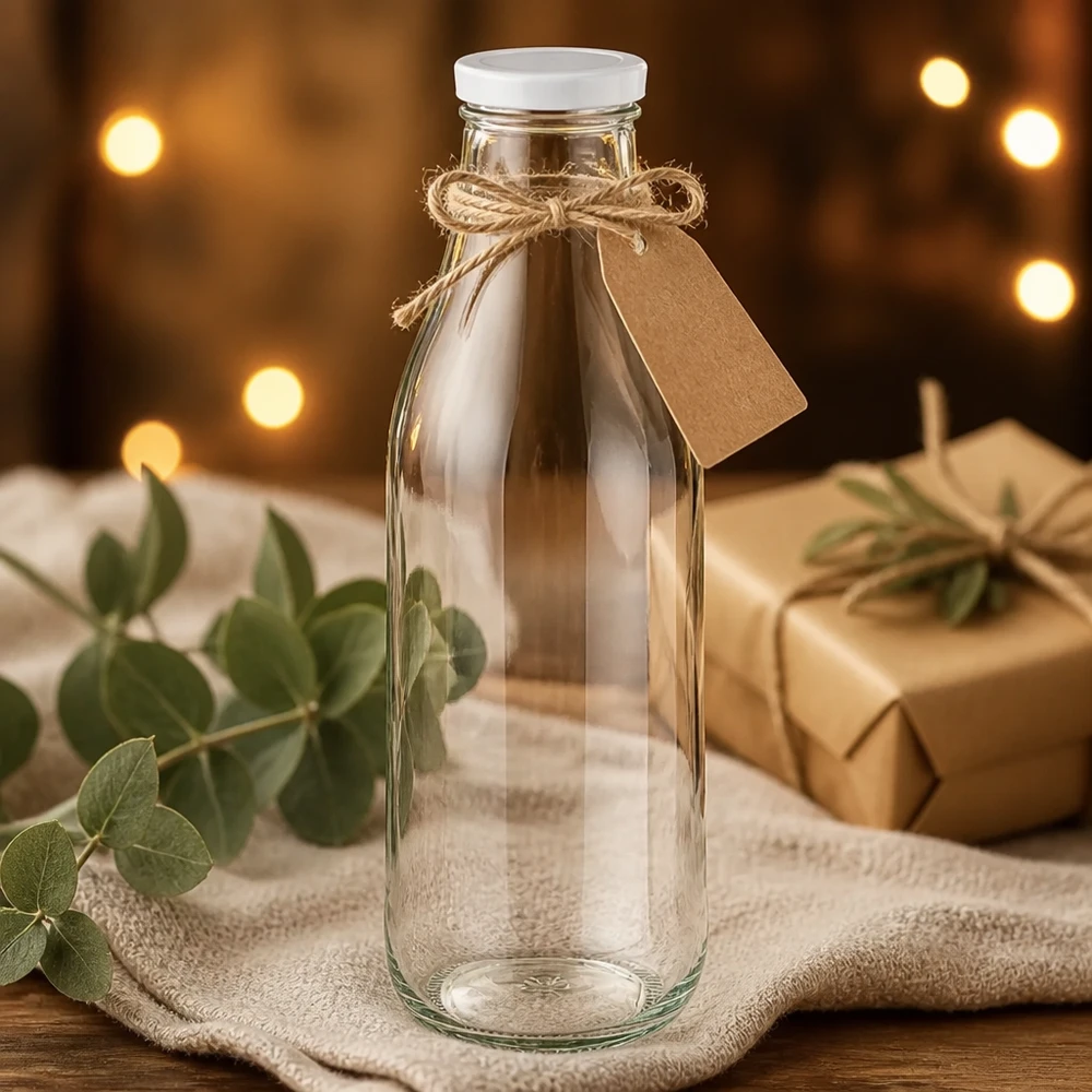 Bottiglia di vetro da 1000 ml Coperchio BasicSeal Confezione regalo bianca Sacchetto di iuta Decorazione con eucalipto Luce calda Presentazione rustica