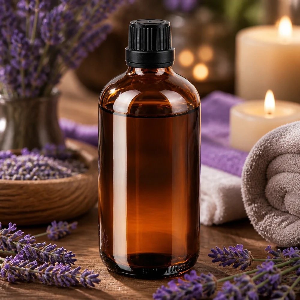 Flacon de pharmacie de 100 ml en verre ambré avec un compte-gouttes de 2 mm, entouré de fleurs de lavande et de bougies