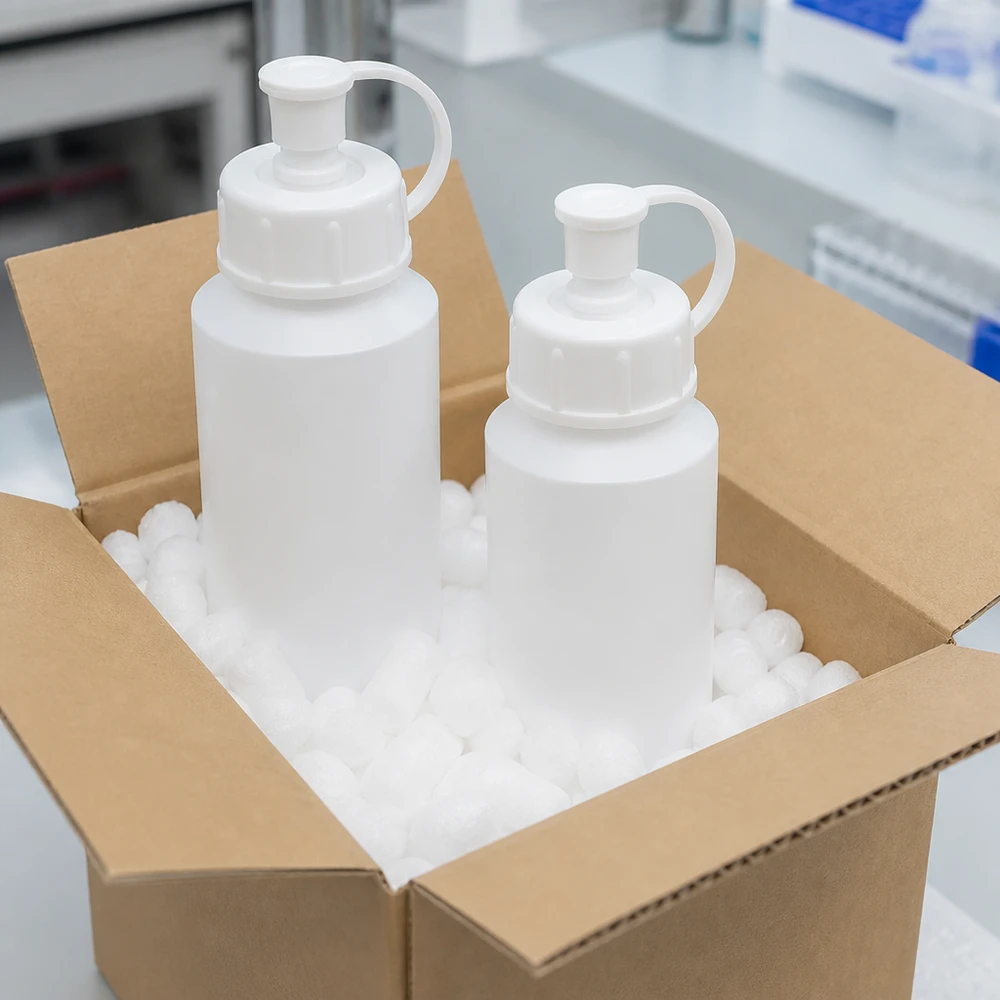 Emballage incassable composé de flacons de pharmacie blancs en PEHD avec bouchon pulvérisateur, dans un carton d'expédition
