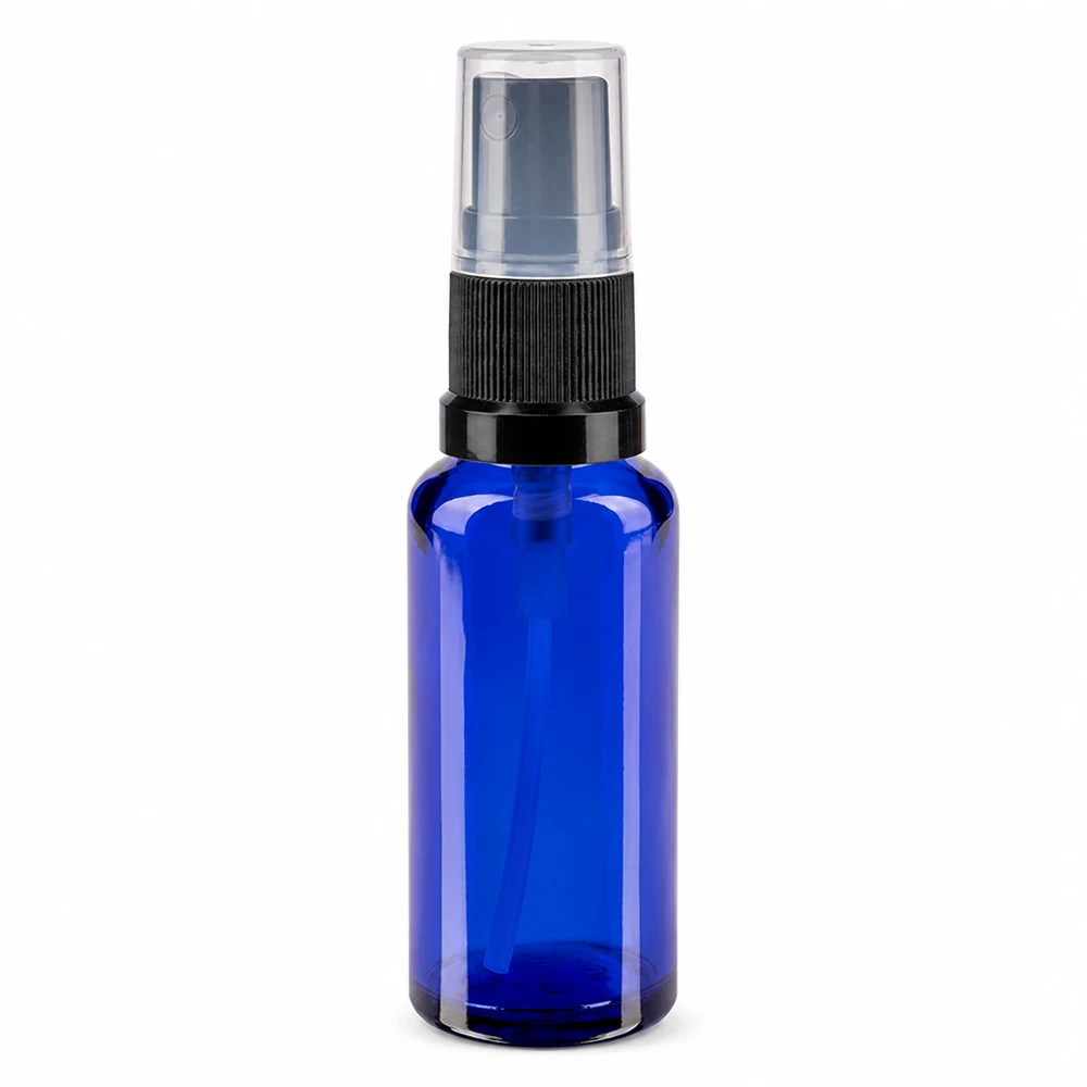 Apothekenflasche blau 30ml Sprayaufsatz schwarz Blaue 30ml Glasflasche mit Feinsprüher schwarz transparent ideal für Kosmetik und Pharmazie