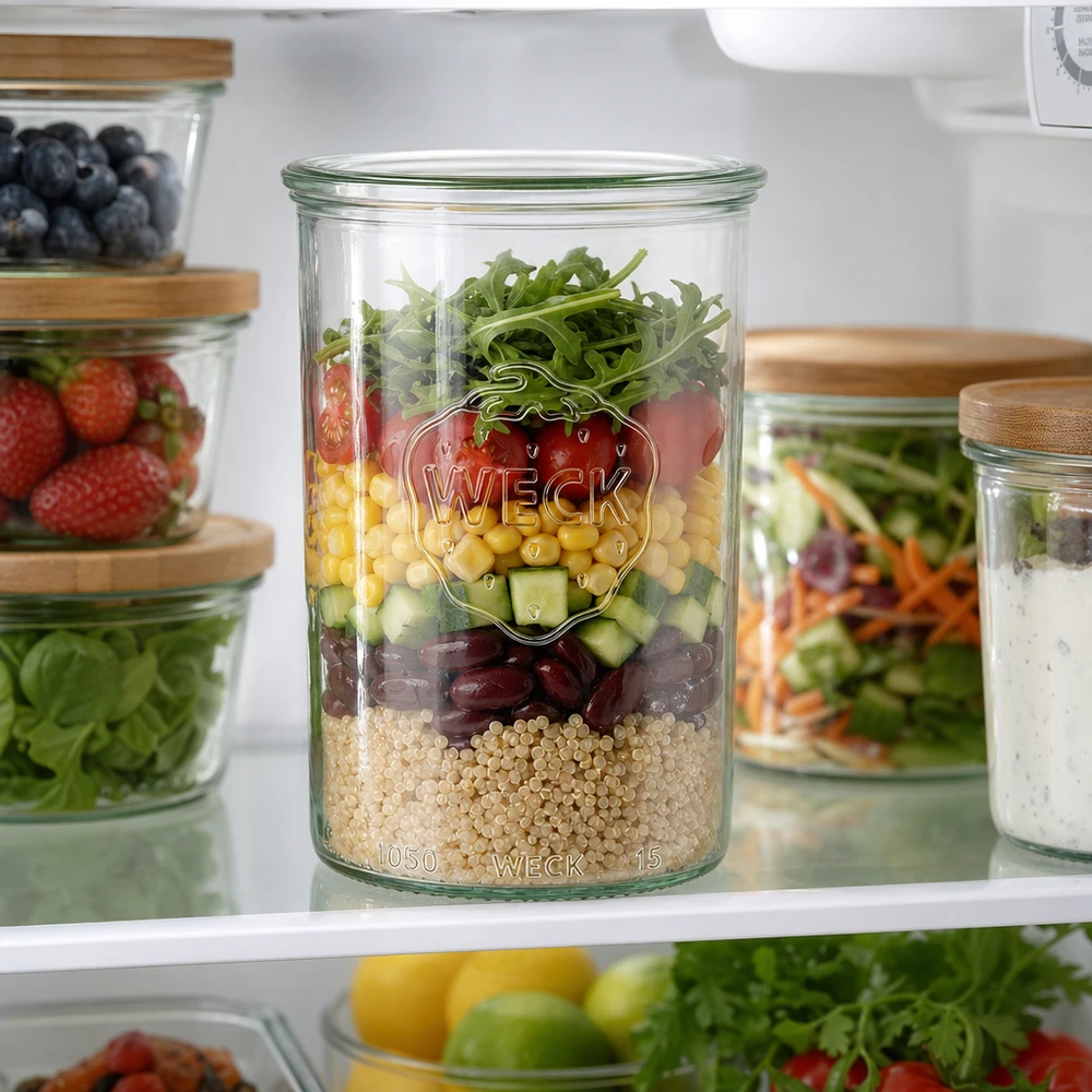 Barattolo di vetro WECK RR100 da 1000 ml WECK Sturzglas 1000ml mit buntem Schichtsalat im Kühlschrank - perfekt für Meal Prep und stylische Aufbewahrung