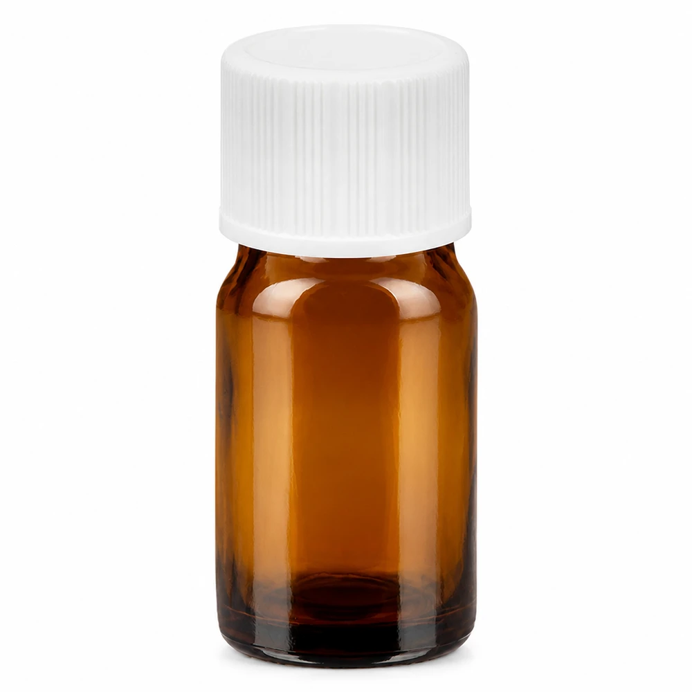 Flacone in vetro marrone da 5 ml con tappo a vite bianco per oli essenziali e cosmetici