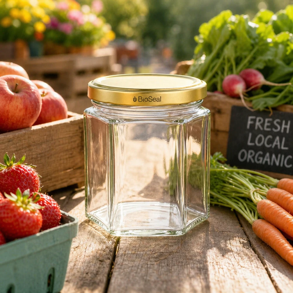 Leeres UNiTWIST Hexa47 Glasgefäß mit goldenem BioSeal Deckel zwischen frischem Bio-Obst und Gemüse auf Holztisch