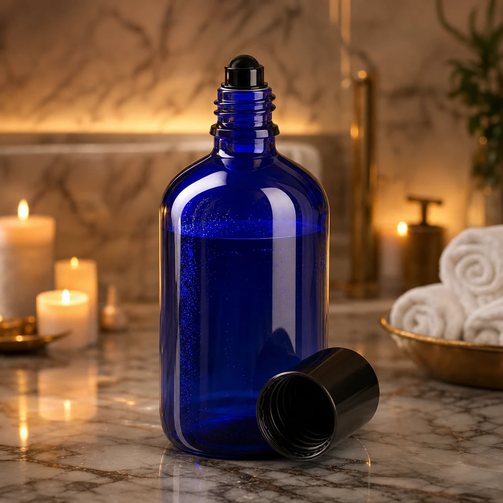 Apothekenflasche blau 100ml Roll-On Verschluss schwarz Blaue 100ml Apothekerflasche mit schwarzem Roll-On und Deckel in elegantem Badezimmer
