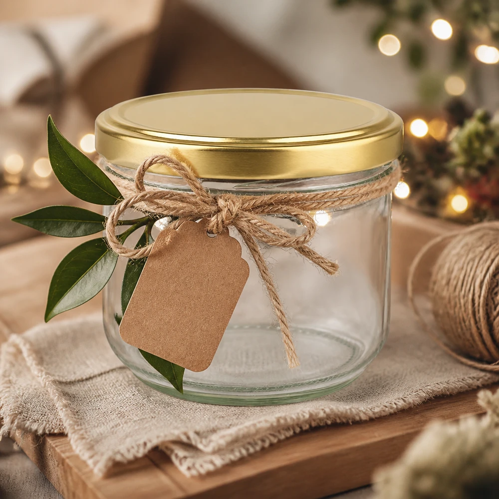 Barattolo BasicSeal da 260 ml con coperchio UNiTWIST dorato, decorato per Natale con un nastro di rafia e un'etichetta regalo.