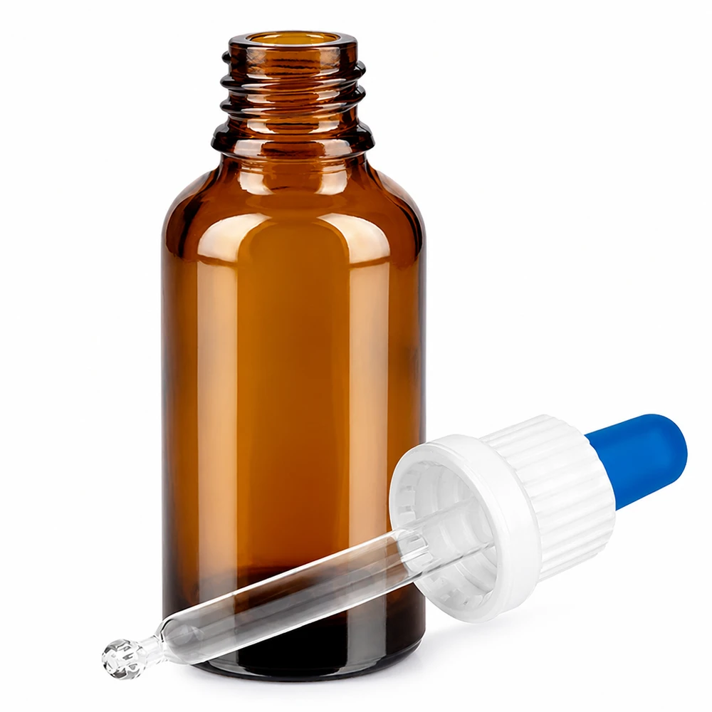 Bottiglia per pipette da 30 ml bianco/blu OV BrownLine UT18/30 Flacone in vetro ambrato da 30 ml, protetto dai raggi UV, con tappo ergonomico a pipetta per una facile applicazione.