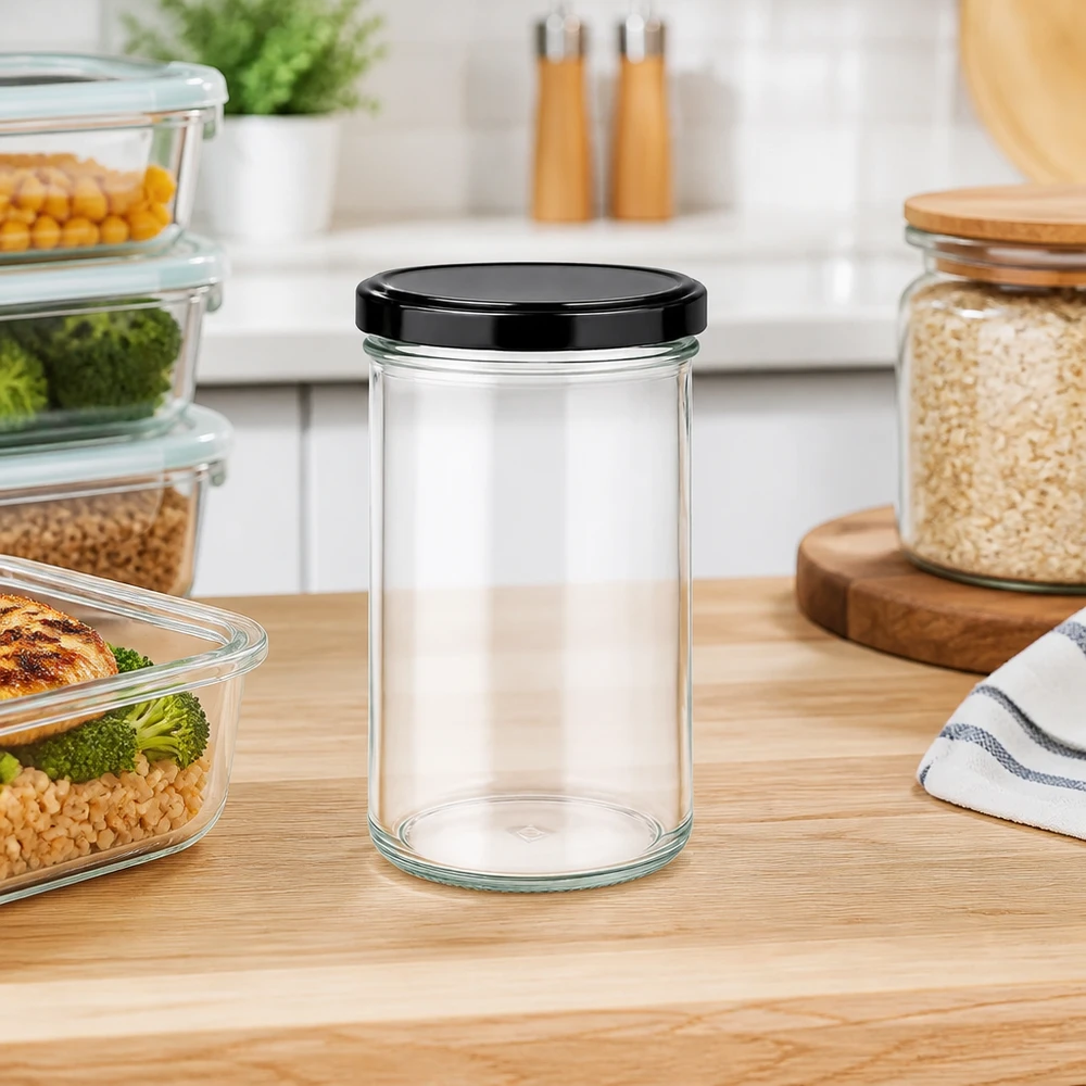 277ml Sturzglas mit BasicSeal Deckel schwarz UNiTWIST 277ml Sturzglas in moderner Küche als Vorratsglas für Lebensmittel neben Meal-Prep-Behältern auf Holzarbeitsplatte