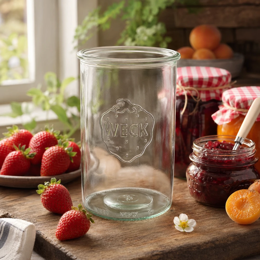 Barattolo di vetro WECK RR100 da 1000 ml Barattolo da 1000 ml WECK RR100 su un tavolo di legno con fragole fresche e marmellata fatta in casa