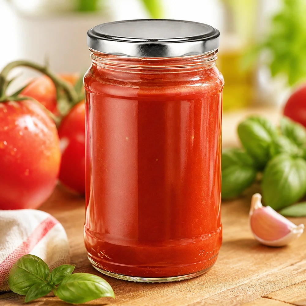 Glasbehälter 370ml mit silbernem Schraubdeckel und roter Tomatensoße auf Holzbrett