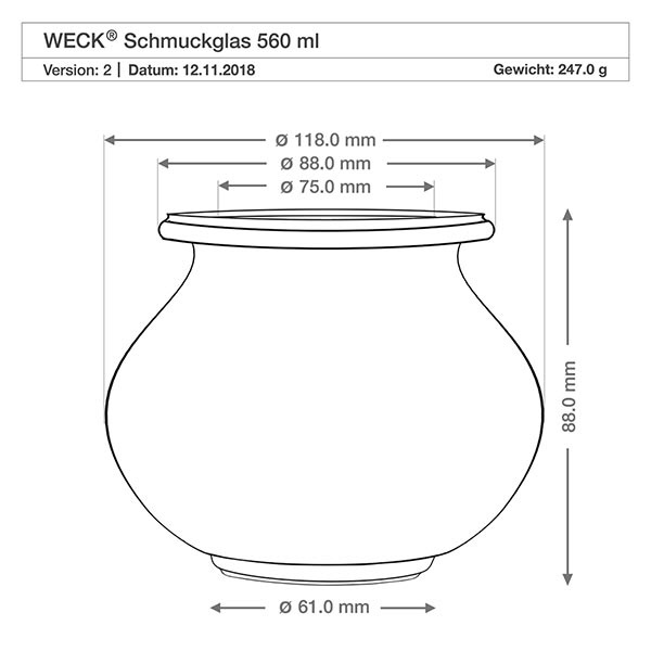 Vaso per gioielli WECK RR80 da 560 ml con tappo in sughero naturale WECK barattolo per gioielli 560ml RR80 disegno tecnico con dimensioni diametro altezza peso specifiche del prodotto