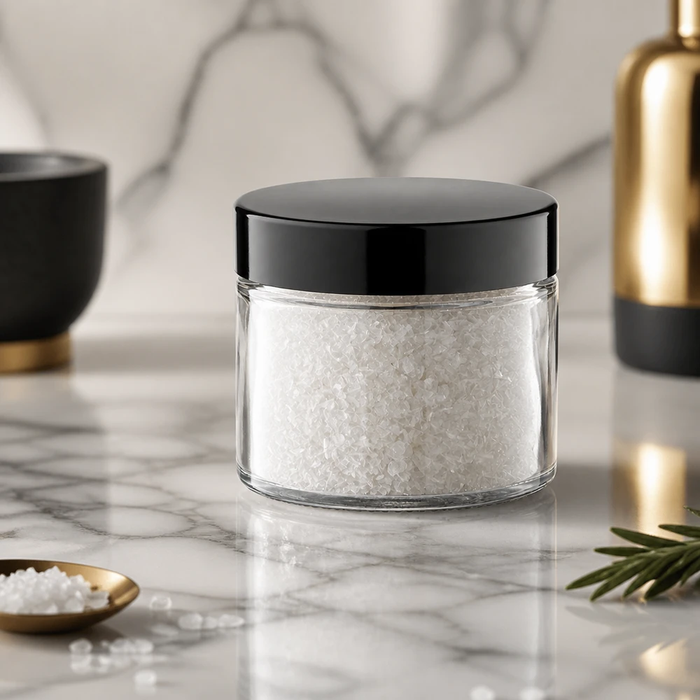 Vaso trasparente da 30 ml con tappo a vite nero e sale bianco, presentazione di lusso