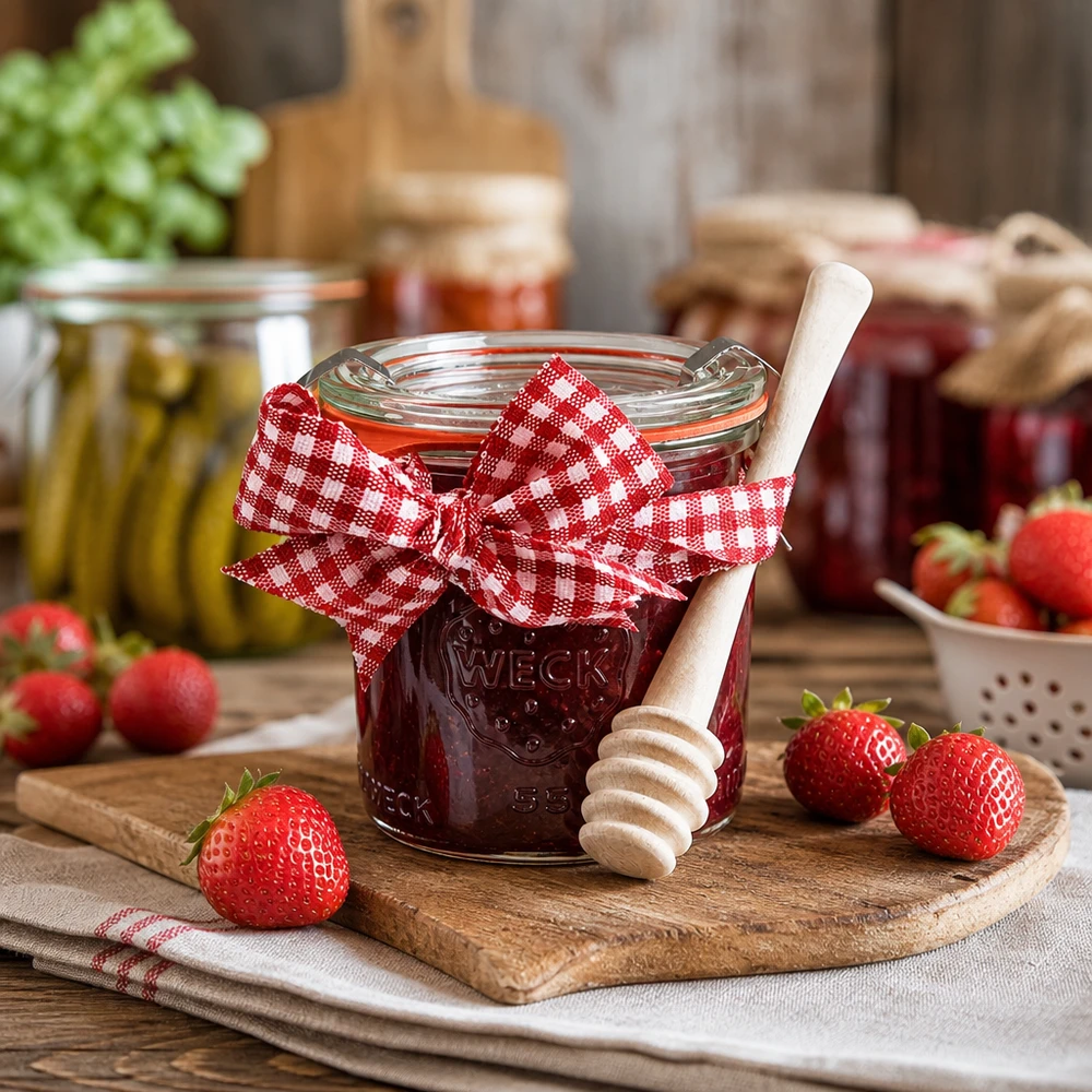 WECK vaso 140ml pieno di marmellata di fragole miele cucchiaio legno fragole fresche cucina rustica conservazione