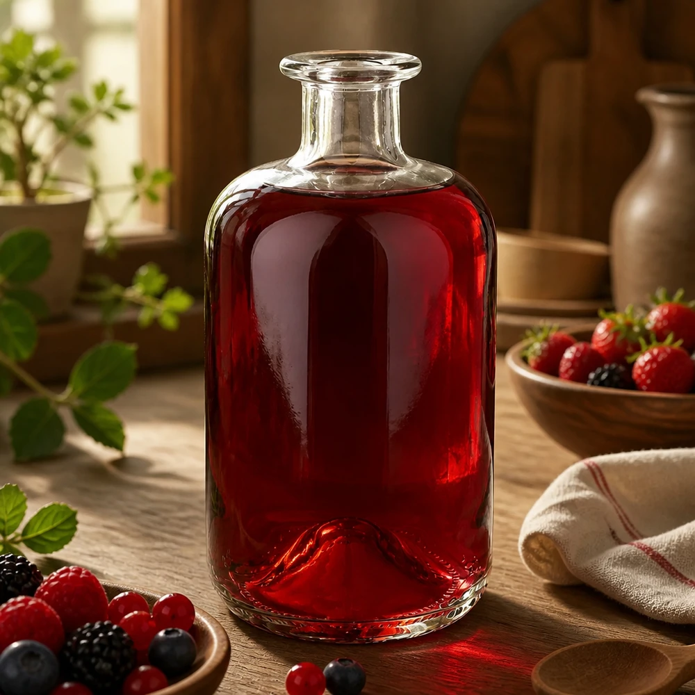 Bottiglia di vetro Luna 500ml riempita di succo di bacche rosse tra bacche fresche su un tavolo di legno rustico come ispirazione decorativa.