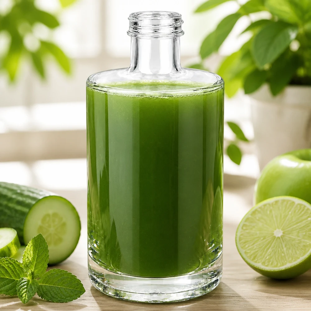 Bottiglia di vetro da 375 ml Sam riempita di frullato verde accanto a cetriolo, lime e menta su uno sfondo di legno chiaro