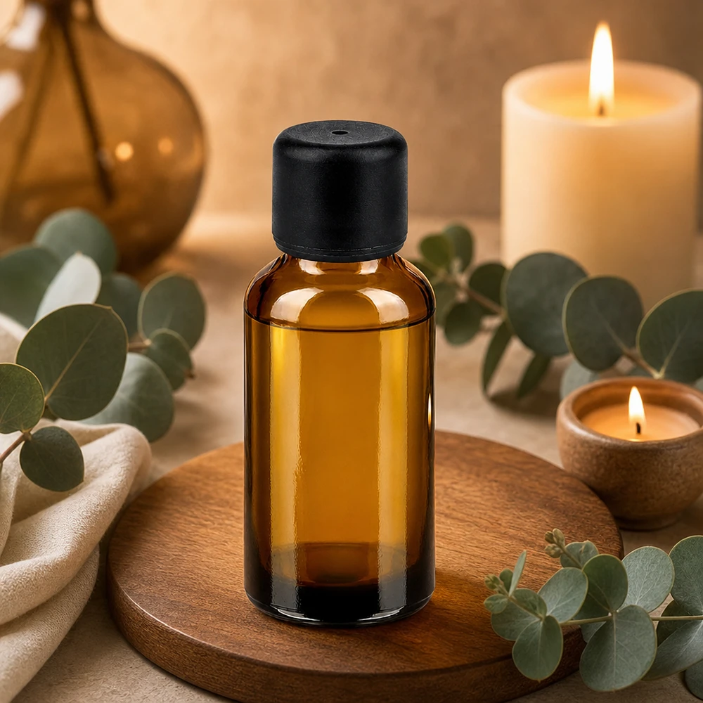 Elegante flacone da 30 ml di colore ambrato con coperchio nero per ingredienti di alta qualità