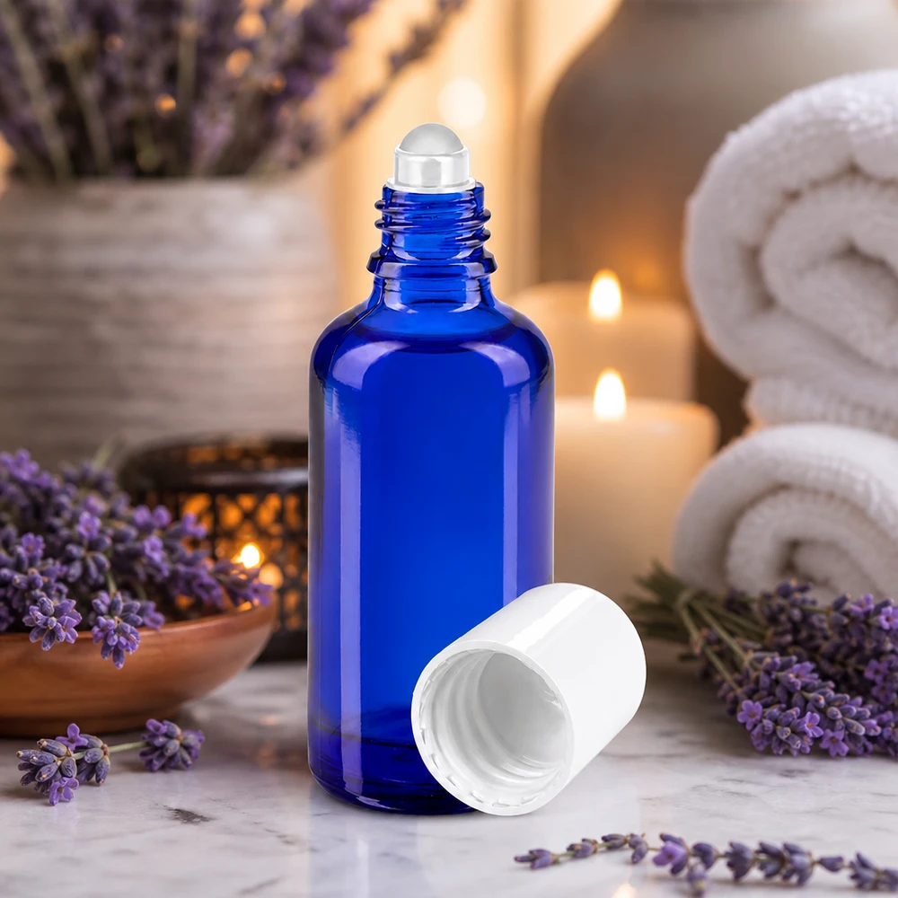 Apothekenflasche blau 50ml Roll-On Verschluss weiß Blaue Rollerflasche 50ml aus Apothekenglas mit weißem STD-Deckel für Kosmetik und Wellness