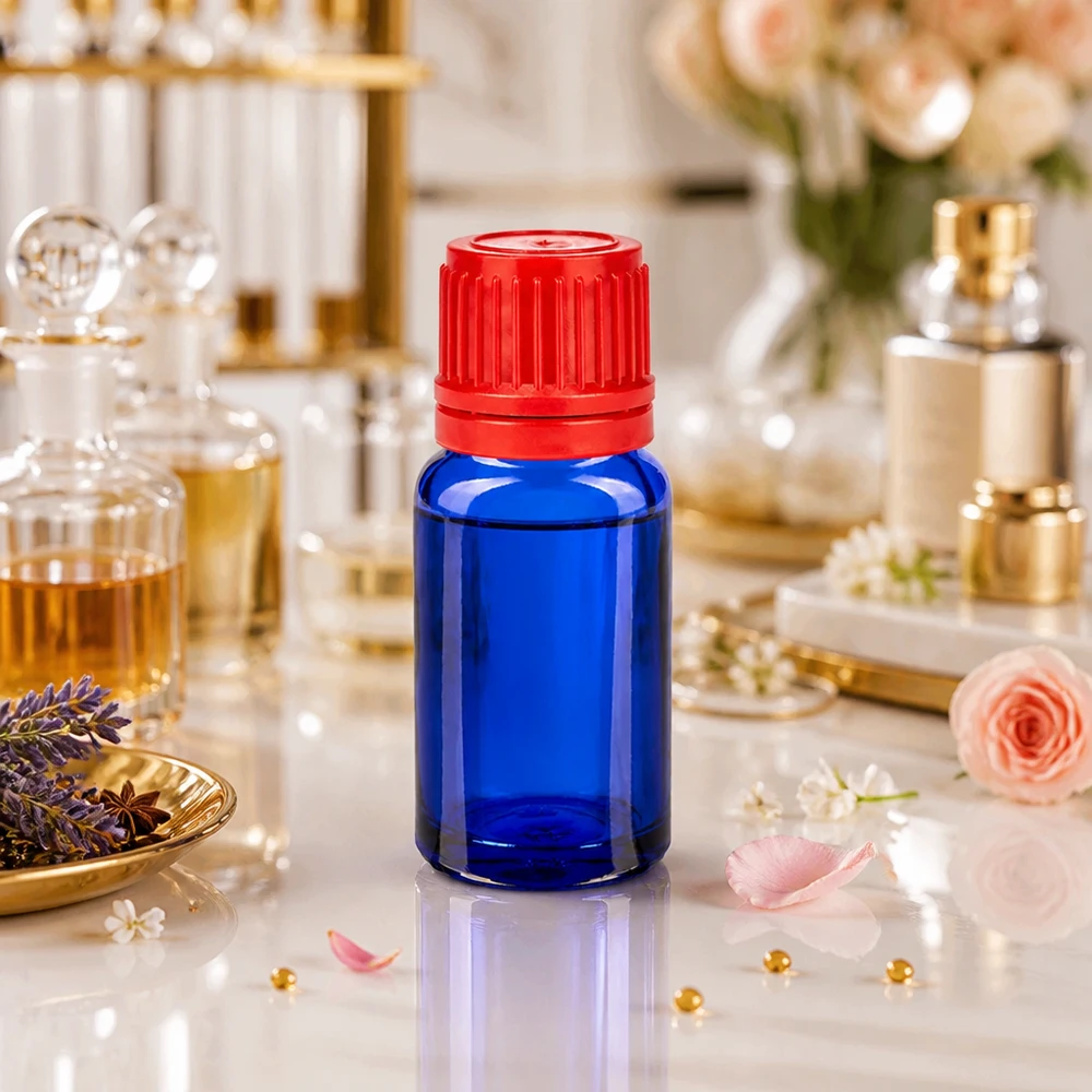 Flacone da 10ml 11mm SV rosso OV BlueLine UT18/10 Flacone in vetro con protezione UV da 10 ml in blu con tappo rosso a prova di bambino da 11 mm per armadietto dei medicinali