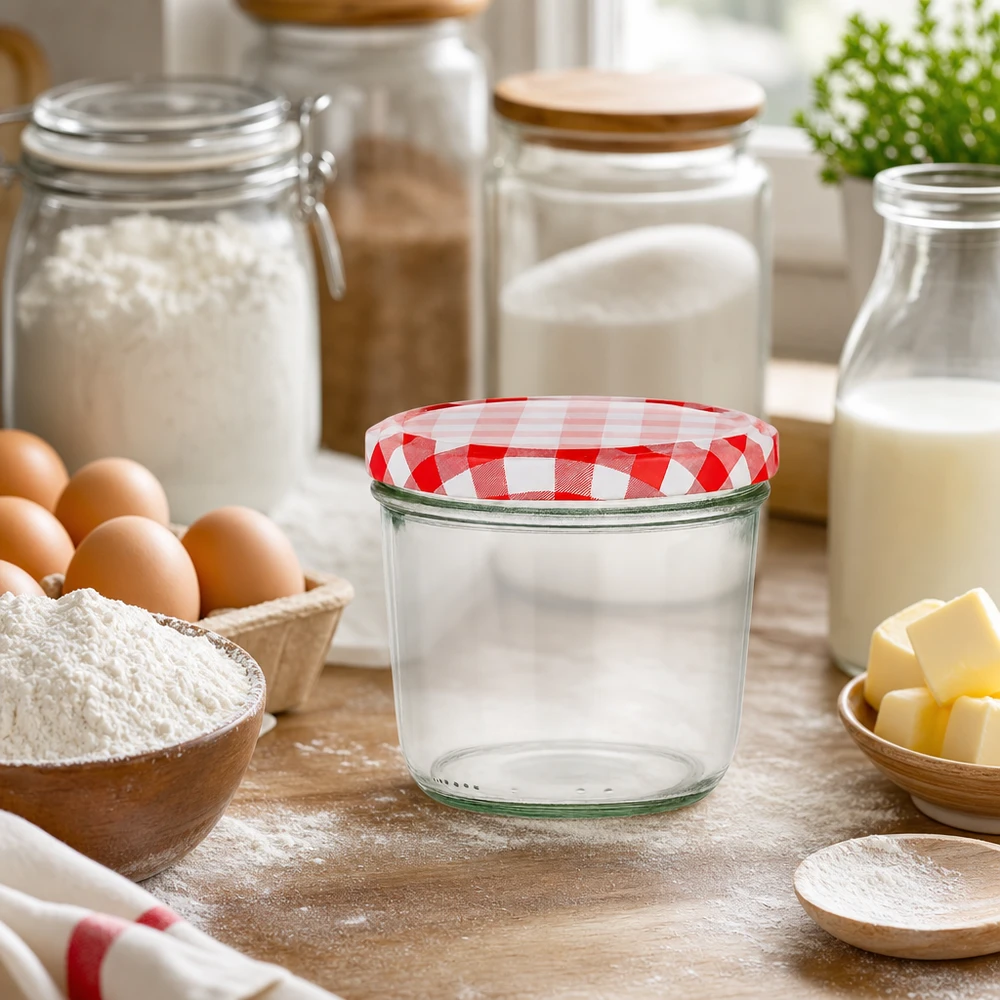 Bicchieri vuoti da 230 ml con coperchio BasicSeal a scacchi rossi e bianchi nella cucina del panificio tra farina, uova e latticini