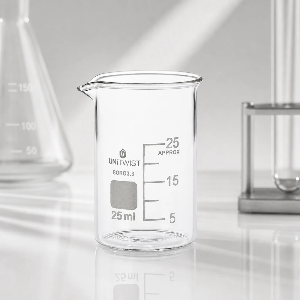 Bicchiere 25ml in borosilicato, a basso stampo UNiTWIST Bicchiere di vetro trasparente vuoto da 25 ml, forma bassa, borosilicato 3.3 di UNiTWIST su un piano di lavoro da laboratorio bianco