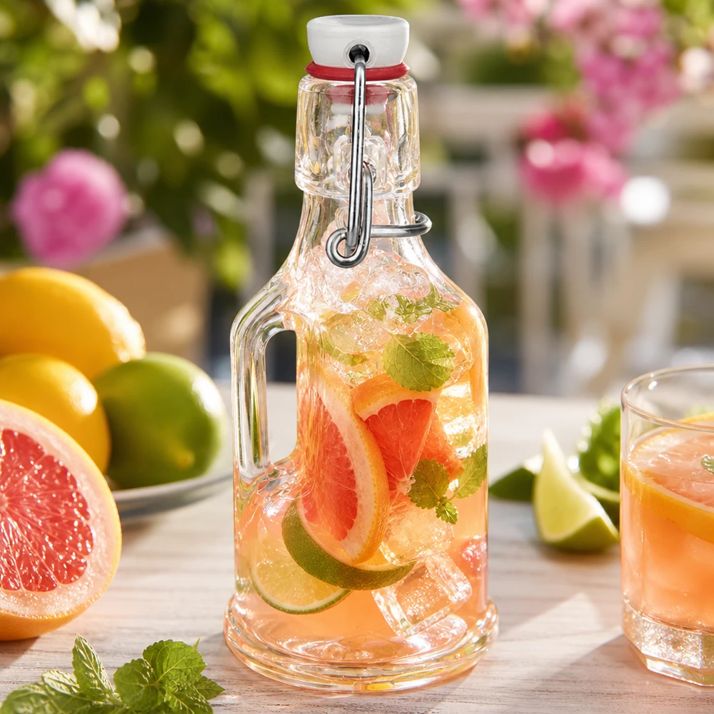 Bottiglia in vetro da 200 ml Bertha e tappo a clip in porcellana UNiTWIST® Bottiglia di vetro Bertha 200ml riempita con acqua di pompelmo e lime Ambiente giardino bevanda estiva UNiTW swing top