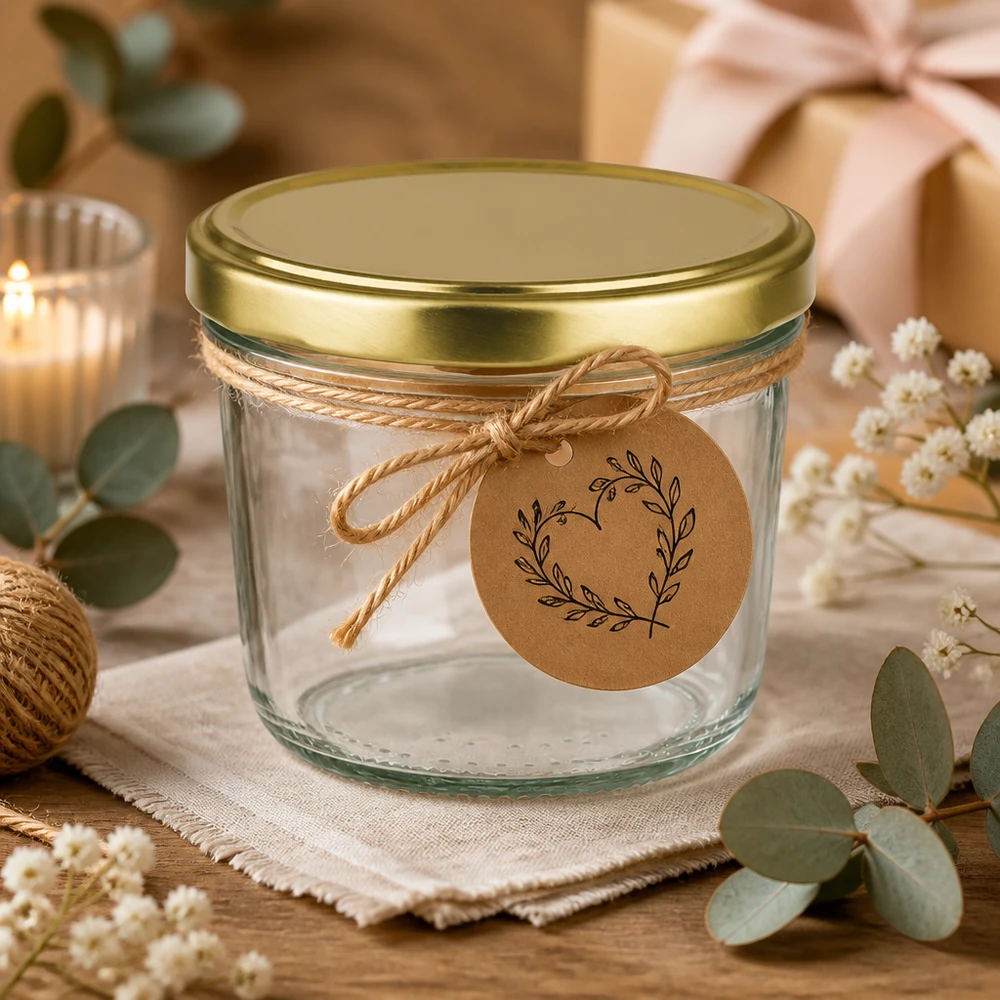 Bicchieri BasicSeal oro UNiTWIST da 230 ml disposti in modo decorativo con nastro regalo e cartellino in carta kraft