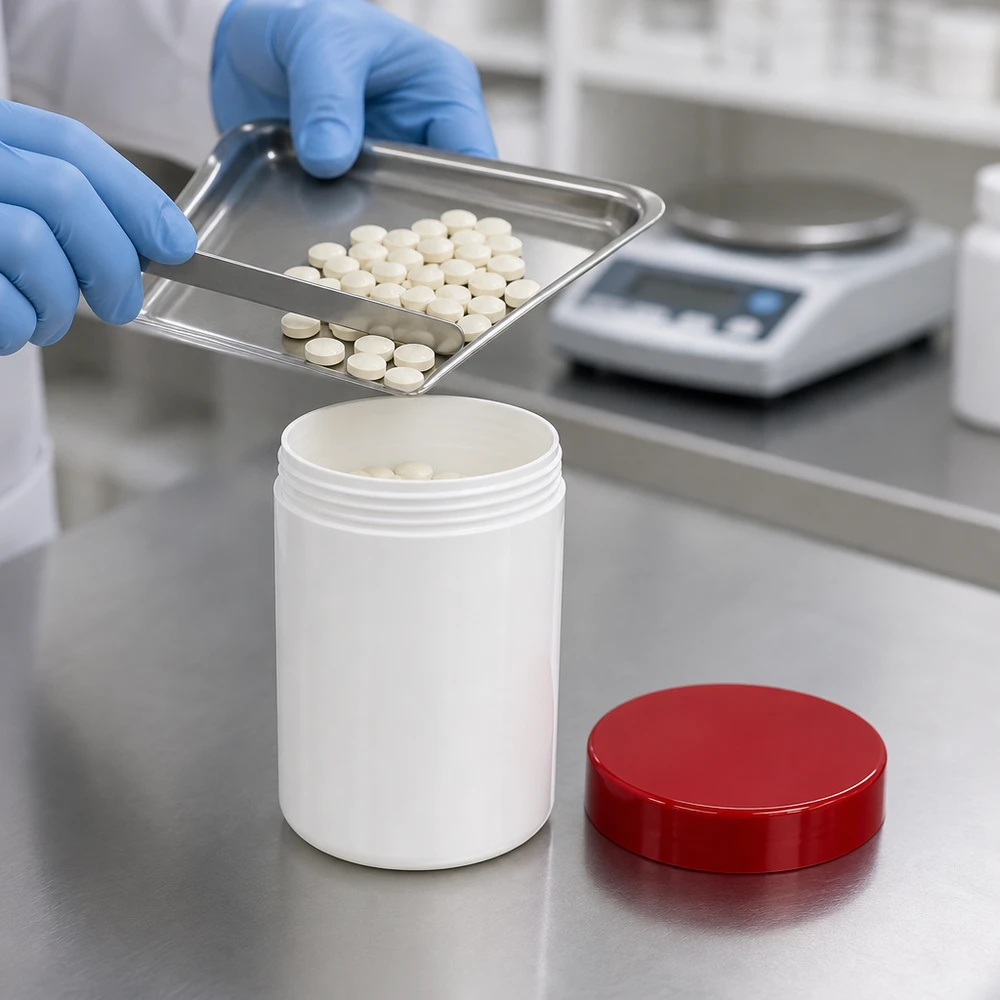 Pot à col large robuste de 150 g, blanc avec couvercle rouge, destiné aux solides pharmaceutiques et aux comprimés