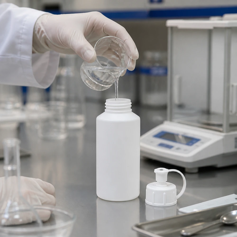 Conditionnement pharmaceutique dans un flacon blanc en polyéthylène de 30 ml muni d'un bouchon-poussoir et d'une balance d'analyse