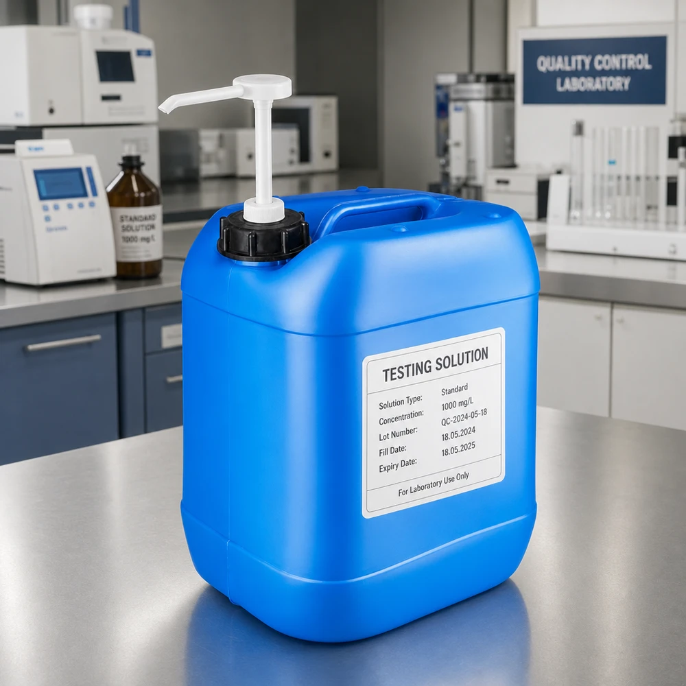 Kanister 20 Liter blau mit Dosierpumpe Großformatiger blauer Kunststoffbehälter 20 Liter mit weißer Pumpe für Flüssigkeiten in der Analytik