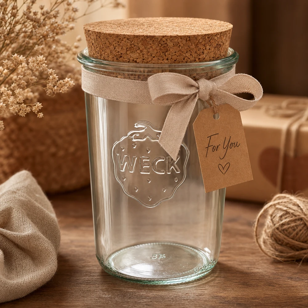 850ml Sturzglas WECK RR100 mit Korken natur WECK Sturzglas 850ml RR100 dekorativ arrangiert mit Korkdeckel Schleifenband und Geschenkanhänger als Geschenkidee