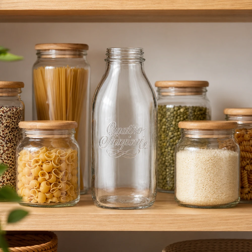 Bottiglia in vetro Quattro Stagioni da 1000 ml a bocca larga con coperchio in legno tra i barattoli di pasta e riso sullo scaffale