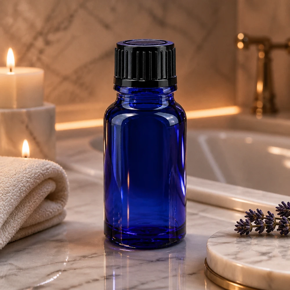 Apothekenflasche blau 10ml Tropfverschluss 1mm schwarz Standard Kompakte Tropfflasche aus blauem Apothekerglas 10ml mit enghalsigem Dosiersystem