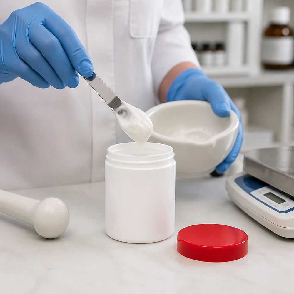 Mortier blanc et pilon à côté d'un pot à pommade rempli de 250 g, avec couvercle à vis rouge, de laboratoire